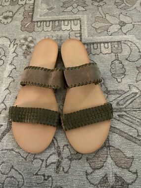 Jack Rogers Olive Brown Two-Strap Woven Slide Sandals